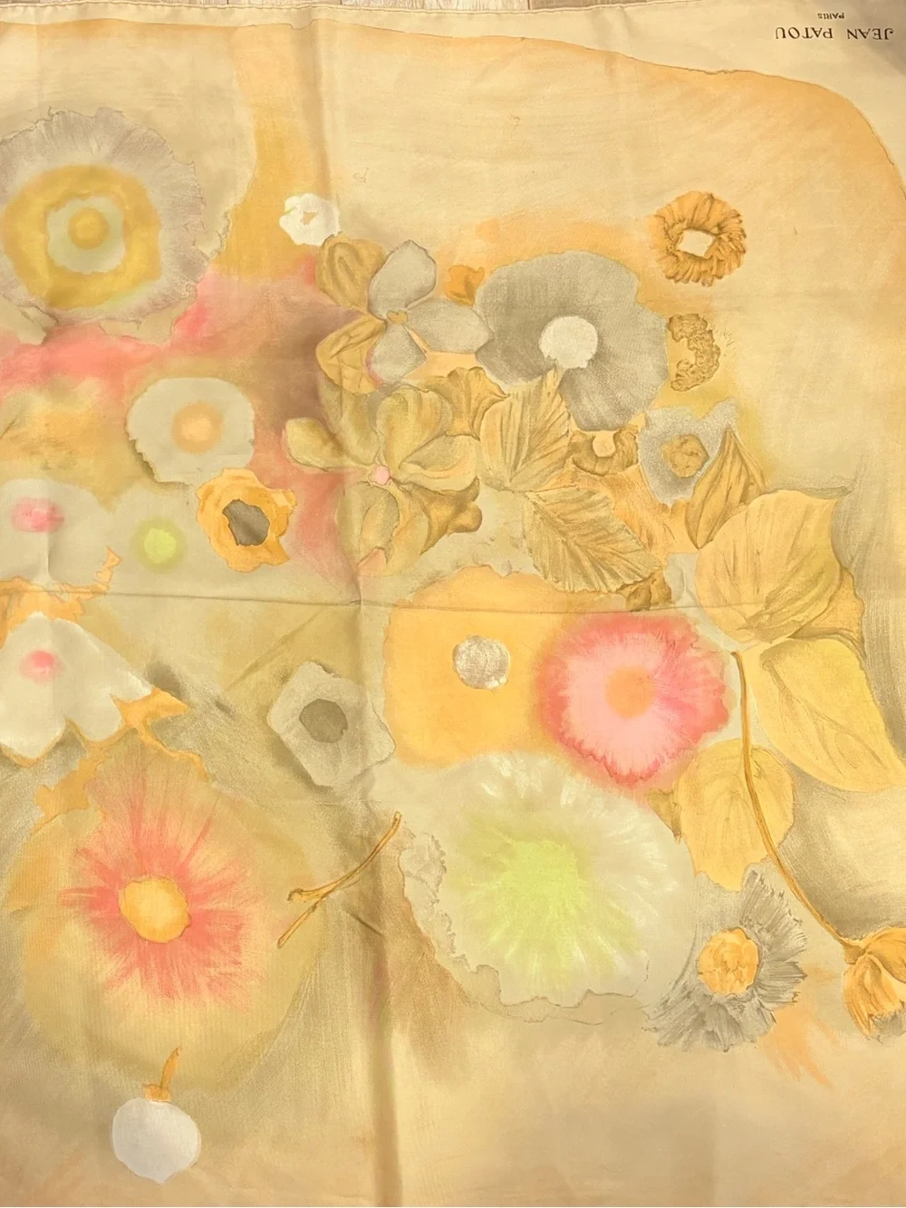 Vintage JEAN PATOU Paris 1970s Silk Scarf Watercolor Bouquet